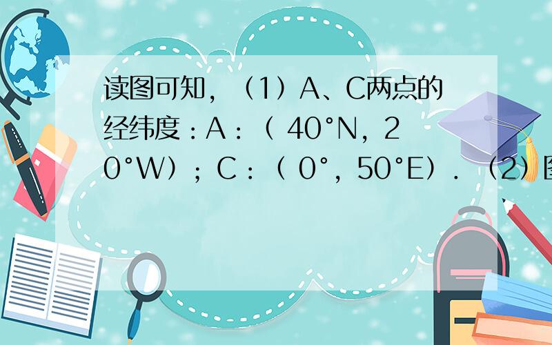 读图可知，（1）A、C两点的经纬度：A：（ 40°N，20°W）；C：（ 0°，50°E）．（2）图中