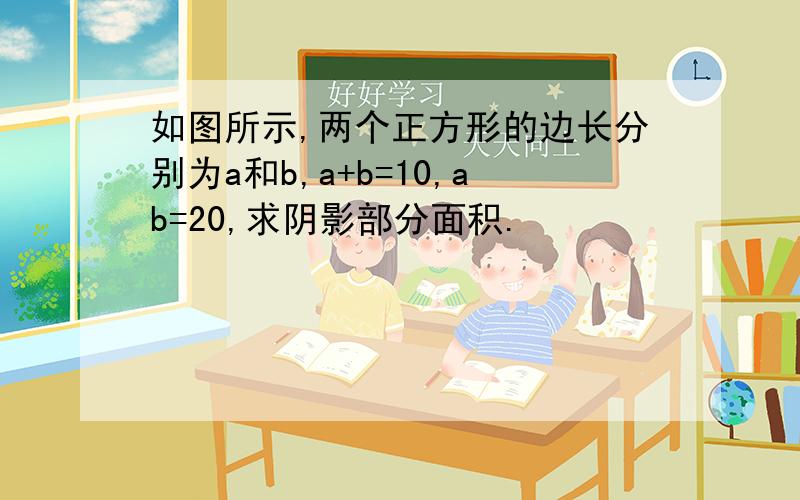 如图所示,两个正方形的边长分别为a和b,a+b=10,ab=20,求阴影部分面积.