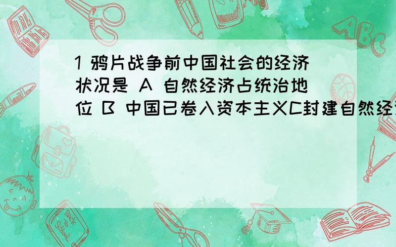 1 鸦片战争前中国社会的经济状况是 A 自然经济占统治地位 B 中国已卷入资本主义C封建自然经济已经解体