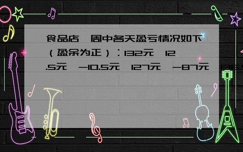 食品店一周中各天盈亏情况如下（盈余为正）：132元,12.5元,-10.5元,127元,-87元,136.5元,98元.