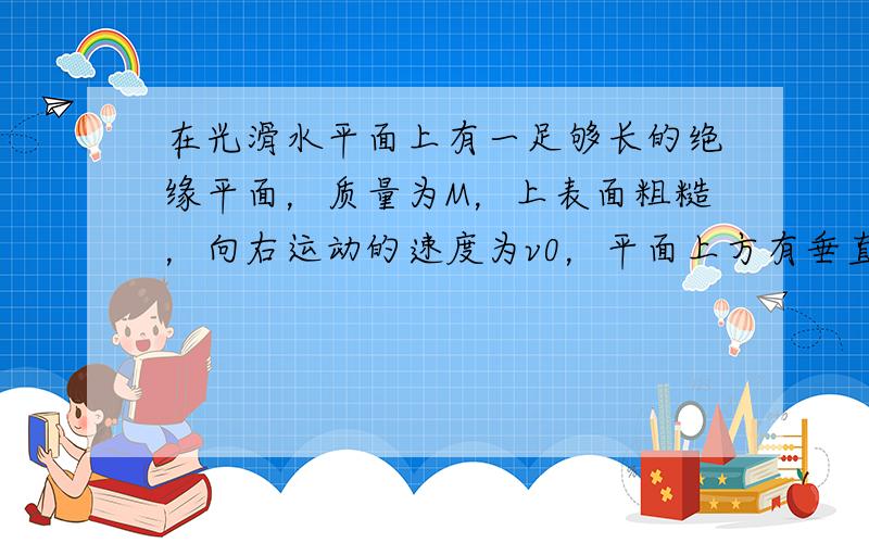 在光滑水平面上有一足够长的绝缘平面，质量为M，上表面粗糙，向右运动的速度为v0，平面上方有垂直于纸面向里的匀强磁场，磁感