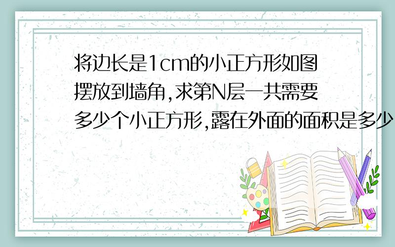 将边长是1cm的小正方形如图摆放到墙角,求第N层一共需要多少个小正方形,露在外面的面积是多少