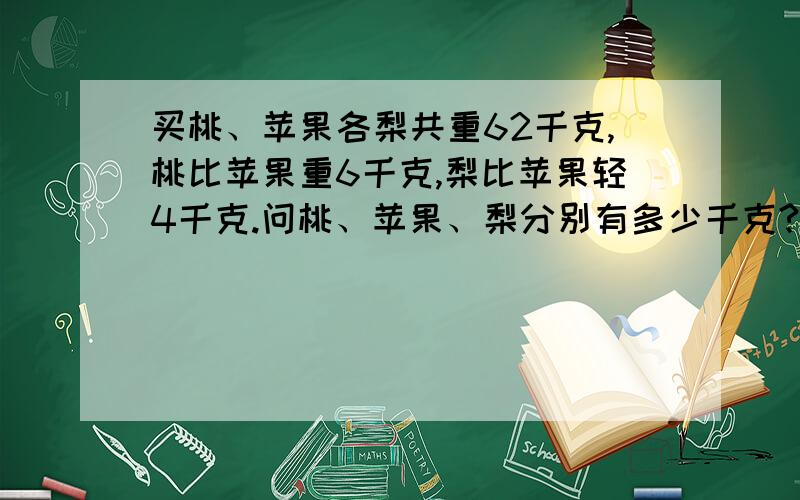 买桃、苹果各梨共重62千克,桃比苹果重6千克,梨比苹果轻4千克.问桃、苹果、梨分别有多少千克?