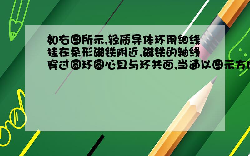 如右图所示,轻质导体环用细线挂在条形磁铁附近,磁铁的轴线穿过圆环圆心且与环共面,当通以图示方向