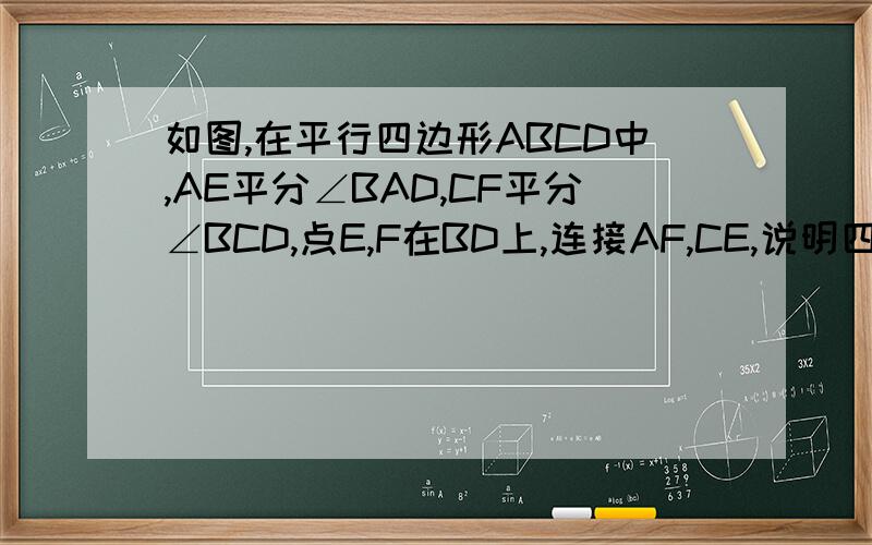 如图,在平行四边形ABCD中,AE平分∠BAD,CF平分∠BCD,点E,F在BD上,连接AF,CE,说明四边形AECF是