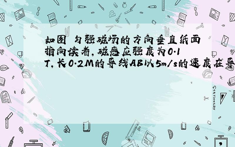 如图 匀强磁场的方向垂直纸面指向读者,磁感应强度为0.1T,长0.2M的导线AB以5m/s的速度在导电的轨道上CD、EF