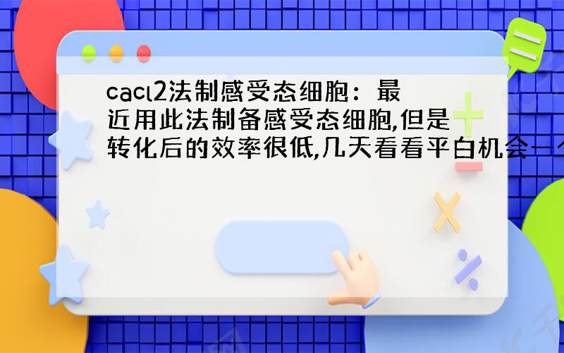 cacl2法制感受态细胞：最近用此法制备感受态细胞,但是转化后的效率很低,几天看看平白机会一个没有长.