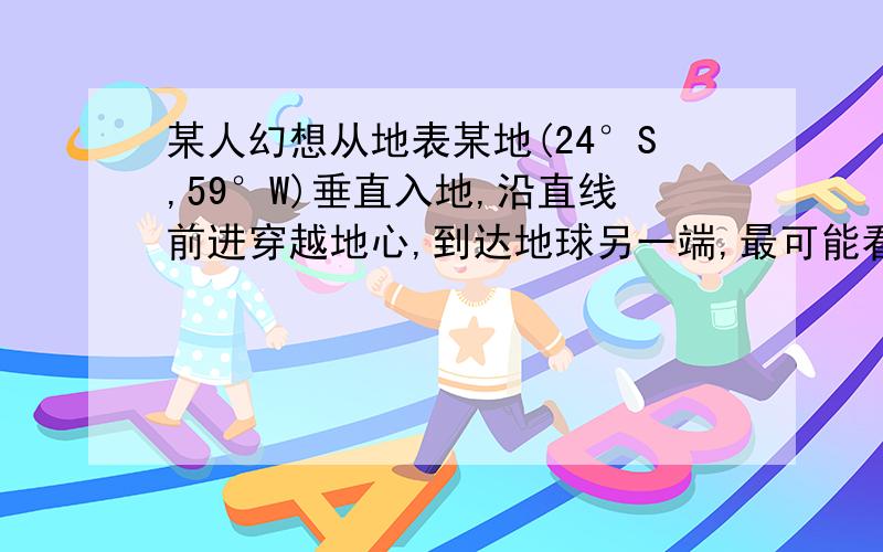 某人幻想从地表某地(24°S,59°W)垂直入地,沿直线前进穿越地心,到达地球另一端,最可能看到的景象是?