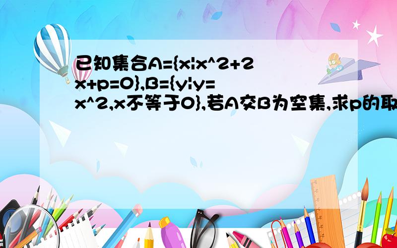 已知集合A={x|x^2+2x+p=0},B={y|y=x^2,x不等于0},若A交B为空集,求p的取值范围.