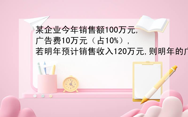 某企业今年销售额100万元,广告费10万元（占10%）,若明年预计销售收入120万元,则明年的广告费应为多少?（利用销售