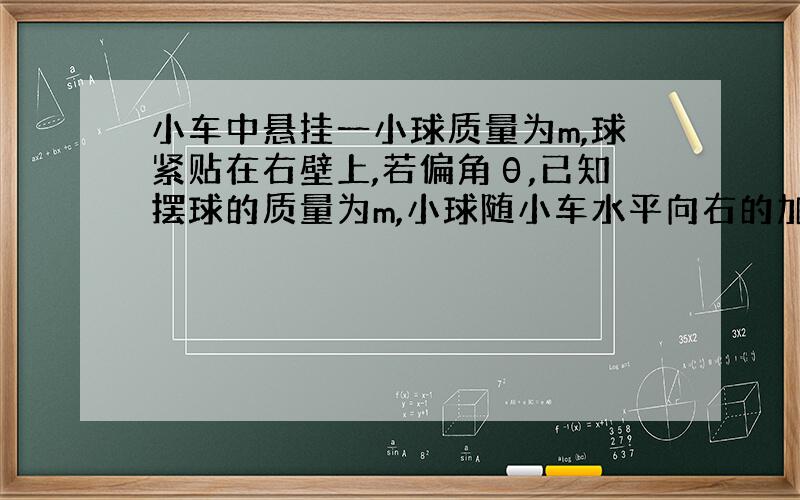 小车中悬挂一小球质量为m,球紧贴在右壁上,若偏角θ,已知摆球的质量为m,小球随小车水平向右的加速度为g,求右壁对球的支持