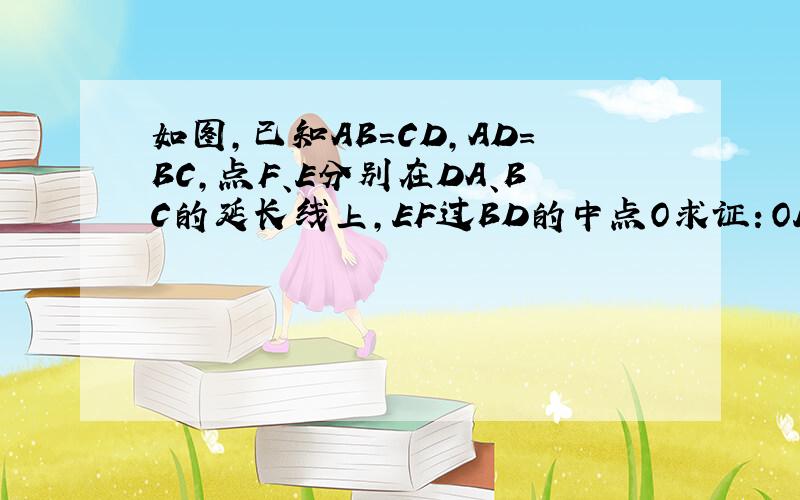 如图,已知AB=CD,AD=BC,点F、E分别在DA、BC的延长线上,EF过BD的中点O求证：OE=OF