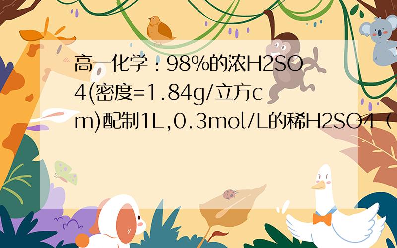 高一化学：98%的浓H2SO4(密度=1.84g/立方cm)配制1L,0.3mol/L的稀H2SO4（1）所需浓H2SO