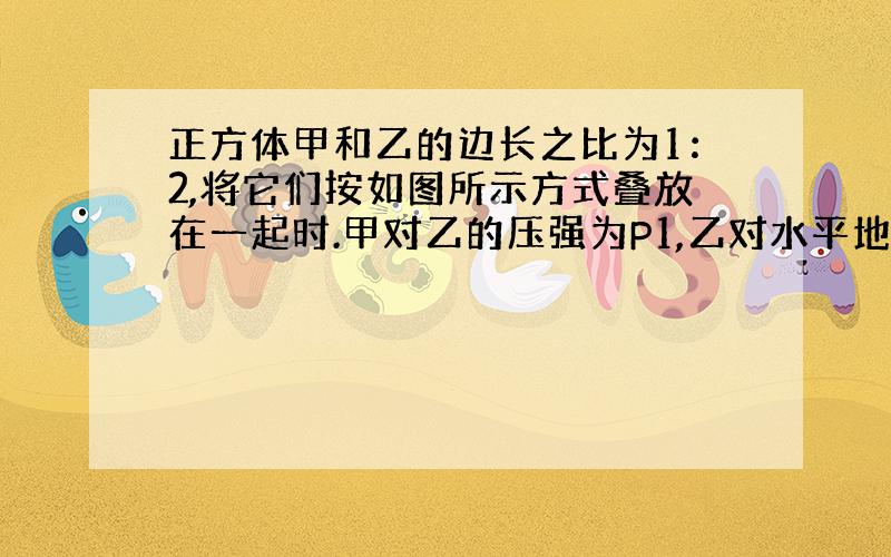 正方体甲和乙的边长之比为1：2,将它们按如图所示方式叠放在一起时.甲对乙的压强为P1,乙对水平地面