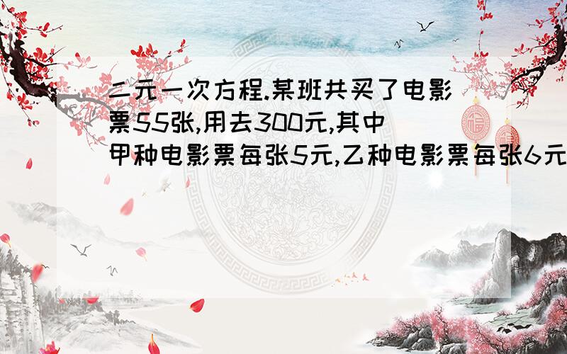 二元一次方程.某班共买了电影票55张,用去300元,其中甲种电影票每张5元,乙种电影票每张6元