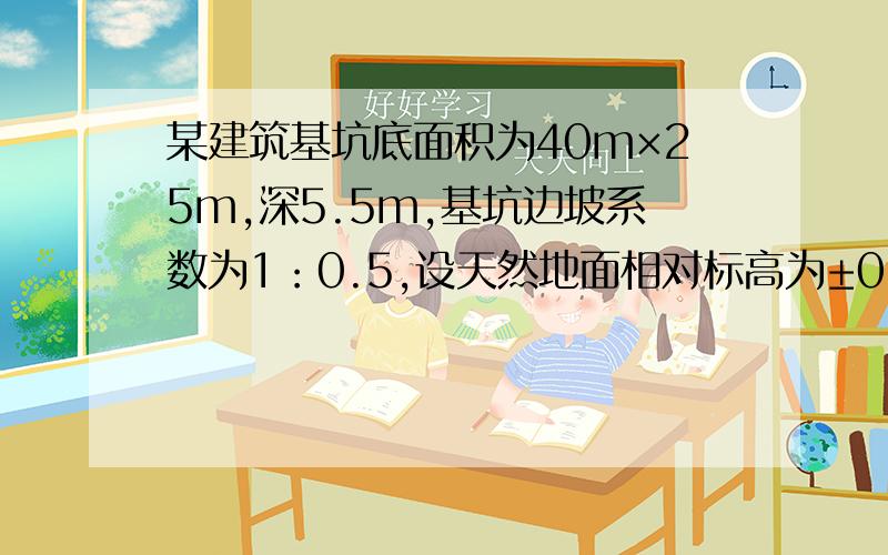 某建筑基坑底面积为40m×25m,深5.5m,基坑边坡系数为1：0.5,设天然地面相对标高为±0.000,天然地面至-1