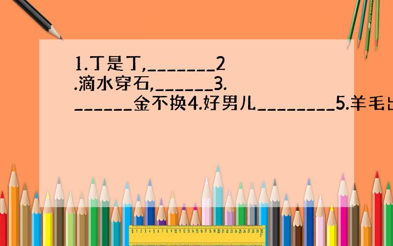 1.丁是丁,_______2.滴水穿石,______3.______金不换4.好男儿________5.羊毛出在____