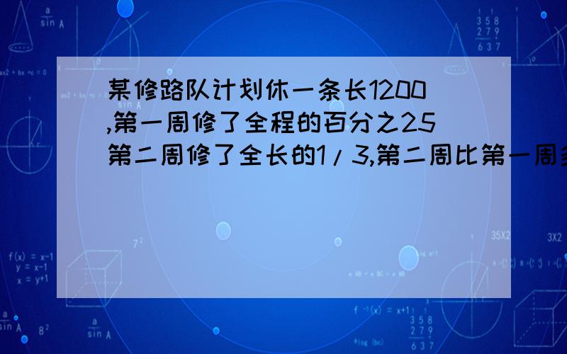 某修路队计划休一条长1200,第一周修了全程的百分之25第二周修了全长的1/3,第二周比第一周多修多少米