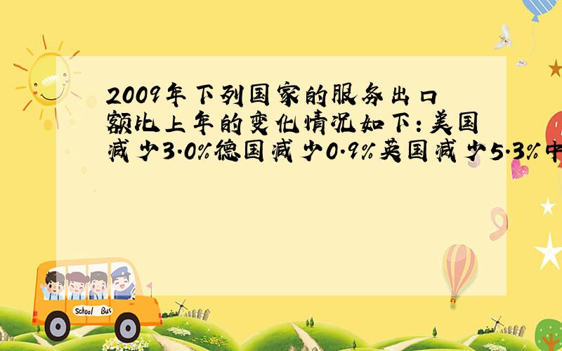 2009年下列国家的服务出口额比上年的变化情况如下：美国减少3.0%德国减少0.9%英国减少5.3%中国增长2.8%日本