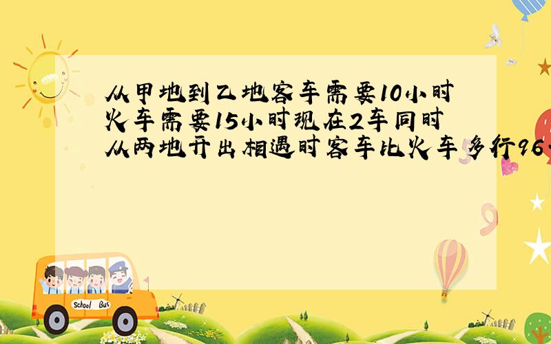 从甲地到乙地客车需要10小时火车需要15小时现在2车同时从两地开出相遇时客车比火车多行96千米求两地的距离