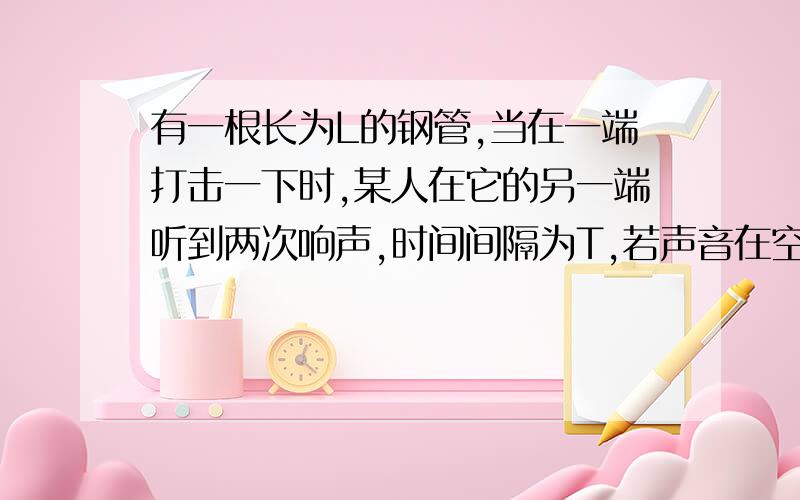 有一根长为L的钢管,当在一端打击一下时,某人在它的另一端听到两次响声,时间间隔为T,若声音在空气中的速度为（A）,在钢中