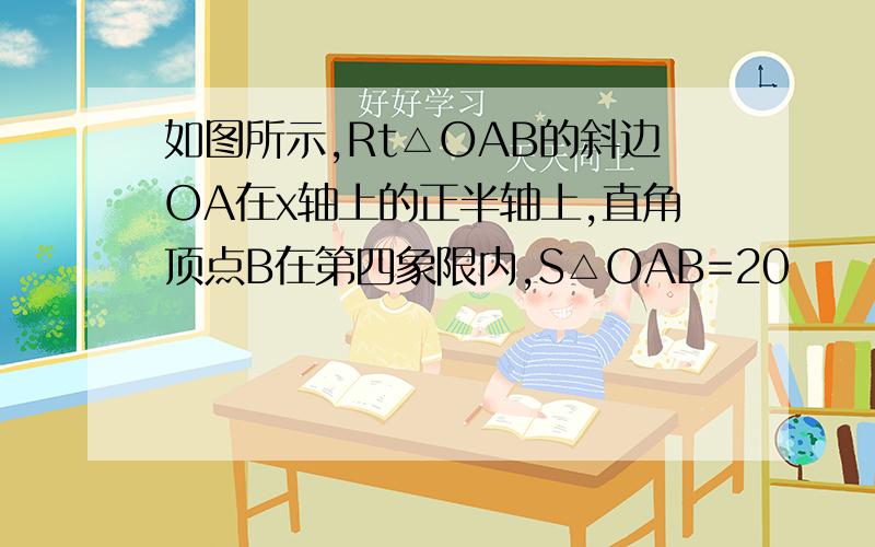 如图所示,Rt△OAB的斜边OA在x轴上的正半轴上,直角顶点B在第四象限内,S△OAB=20