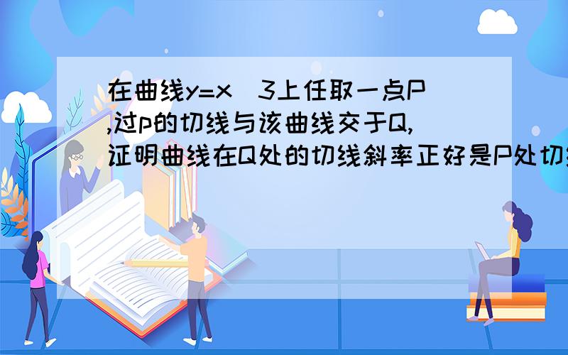 在曲线y=x^3上任取一点P,过p的切线与该曲线交于Q,证明曲线在Q处的切线斜率正好是P处切线斜率的4倍.