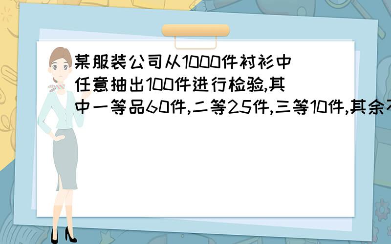 某服装公司从1000件衬衫中任意抽出100件进行检验,其中一等品60件,二等25件,三等10件,其余不合格.