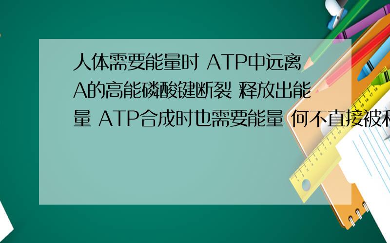 人体需要能量时 ATP中远离A的高能磷酸键断裂 释放出能量 ATP合成时也需要能量 何不直接被利用 ?