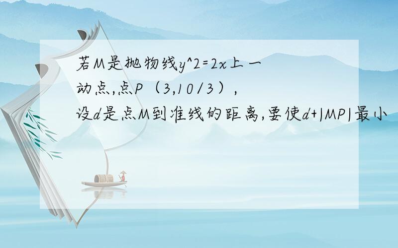 若M是抛物线y^2=2x上一动点,点P（3,10/3）,设d是点M到准线的距离,要使d+|MP|最小