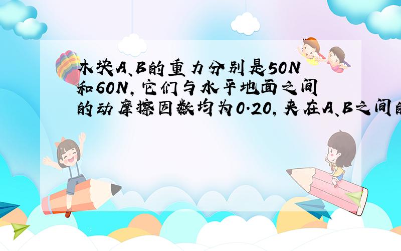 木块A、B的重力分别是50N和60N，它们与水平地面之间的动摩擦因数均为0.20，夹在A、B之间的轻弹簧被压缩了2cm，