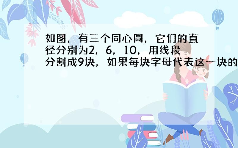 如图，有三个同心圆，它们的直径分别为2，6，10，用线段分割成9块，如果每块字母代表这一块的面积并且相同的字母代表相同的