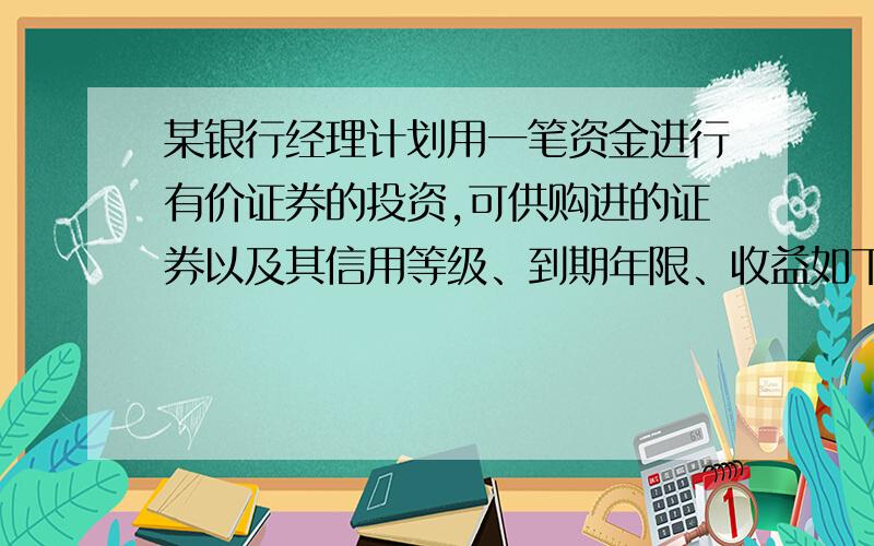 某银行经理计划用一笔资金进行有价证券的投资,可供购进的证券以及其信用等级、到期年限、收益如下表1所示,