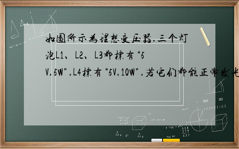 如图所示为理想变压器,三个灯泡L1、L2、L3都标有“5V,5W”,L4标有“5V,10W”,若它们都能正常发光,则