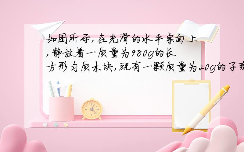 如图所示,在光滑的水平桌面上,静放着一质量为980g的长方形匀质木块,现有一颗质量为20g的子弹以300m/s