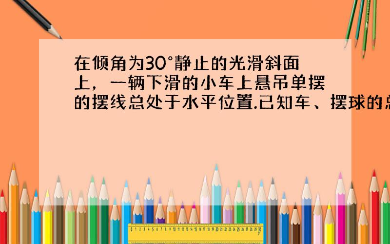 在倾角为30°静止的光滑斜面上，一辆下滑的小车上悬吊单摆的摆线总处于水平位置.已知车、摆球的总质量为m，下列正确的是（