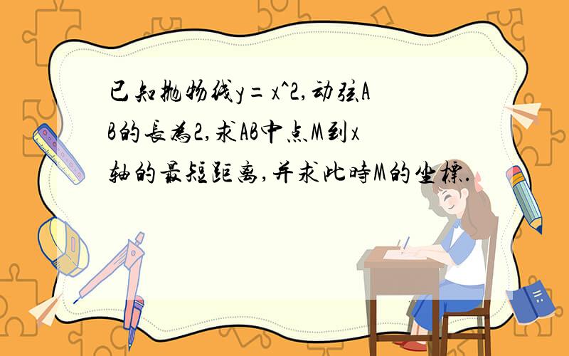 已知抛物线y=x^2,动弦AB的长为2,求AB中点M到x轴的最短距离,并求此时M的坐标.