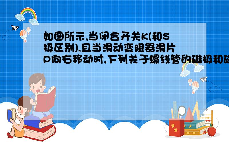 如图所示,当闭合开关K(和S极区别),且当滑动变阻器滑片P向右移动时,下列关于螺线管的磁极和磁性强弱变化的