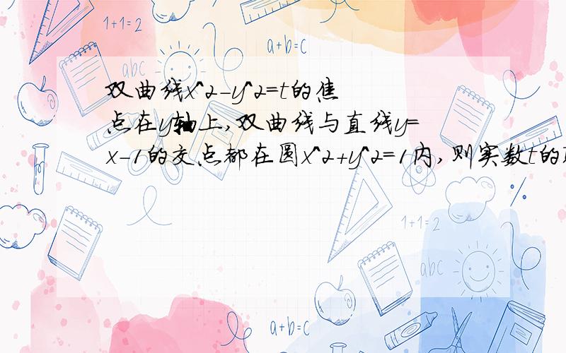 双曲线x^2-y^2=t的焦点在y轴上,双曲线与直线y=x-1的交点都在圆x^2+y^2=1内,则实数t的取值范围