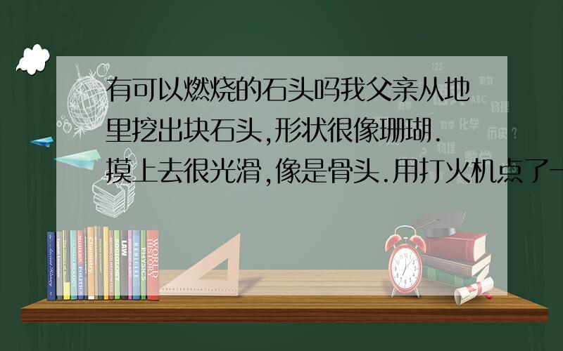 有可以燃烧的石头吗我父亲从地里挖出块石头,形状很像珊瑚.摸上去很光滑,像是骨头.用打火机点了一点可以燃烧.石头底部还长了