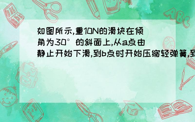 如图所示,重10N的滑块在倾角为30°的斜面上,从a点由静止开始下滑,到b点时开始压缩轻弹簧,到c点时达到