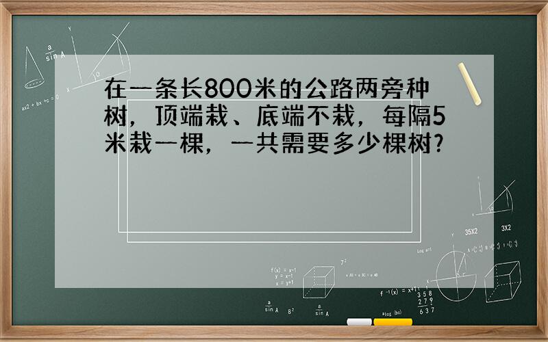 在一条长800米的公路两旁种树，顶端栽、底端不栽，每隔5米栽一棵，一共需要多少棵树？