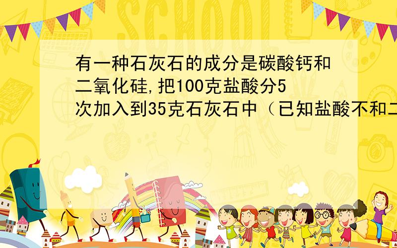 有一种石灰石的成分是碳酸钙和二氧化硅,把100克盐酸分5次加入到35克石灰石中（已知盐酸不和二氧化硅反应）得到：第一次加