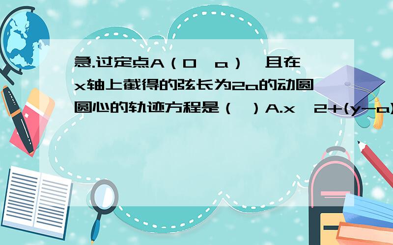 急.过定点A（0,a）,且在x轴上截得的弦长为2a的动圆圆心的轨迹方程是（ ）A.x^2+(y-a)^2=a^2 B.y