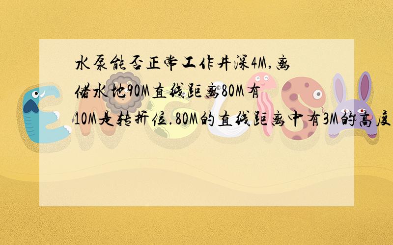 水泵能否正常工作井深4M,离储水地90M直线距离80M有10M是转折位.80M的直线距离中有3M的高度差（井的地平面高于