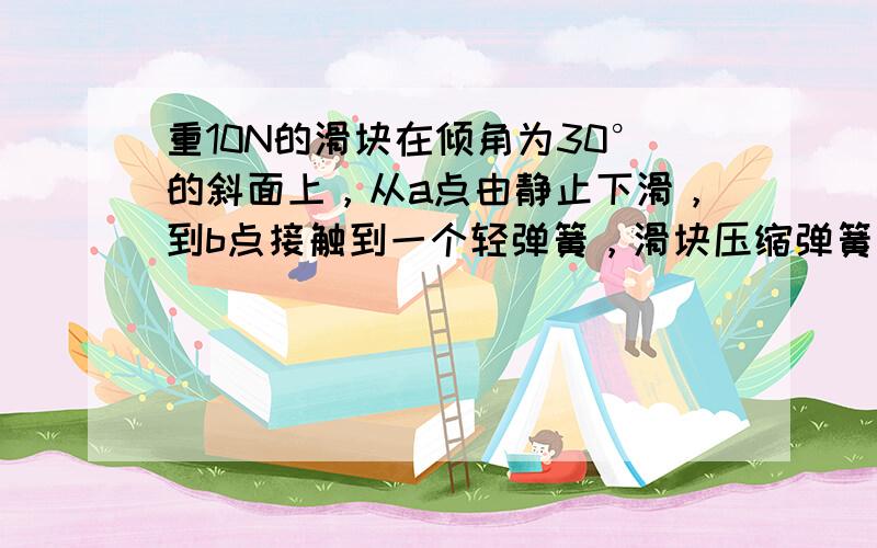 重10N的滑块在倾角为30°的斜面上，从a点由静止下滑，到b点接触到一个轻弹簧，滑块压缩弹簧到c点开始弹回，返回b点离开