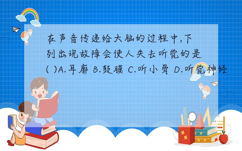 在声音传递给大脑的过程中,下列出现故障会使人失去听觉的是( )A.耳廓 B.鼓膜 C.听小骨 D.听觉神经