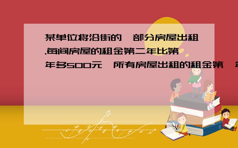 某单位将沿街的一部分房屋出租.每间房屋的租金第二年比第一年多500元,所有房屋出租的租金第一年为9.6万