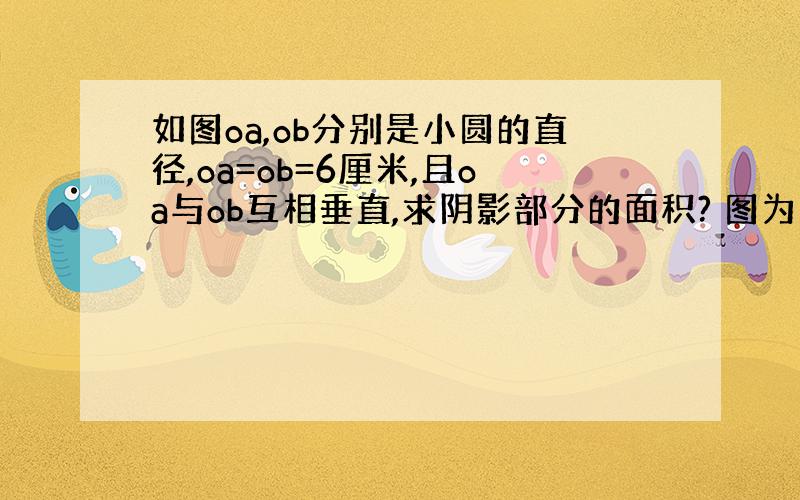 如图oa,ob分别是小圆的直径,oa=ob=6厘米,且oa与ob互相垂直,求阴影部分的面积? 图为1/4圆