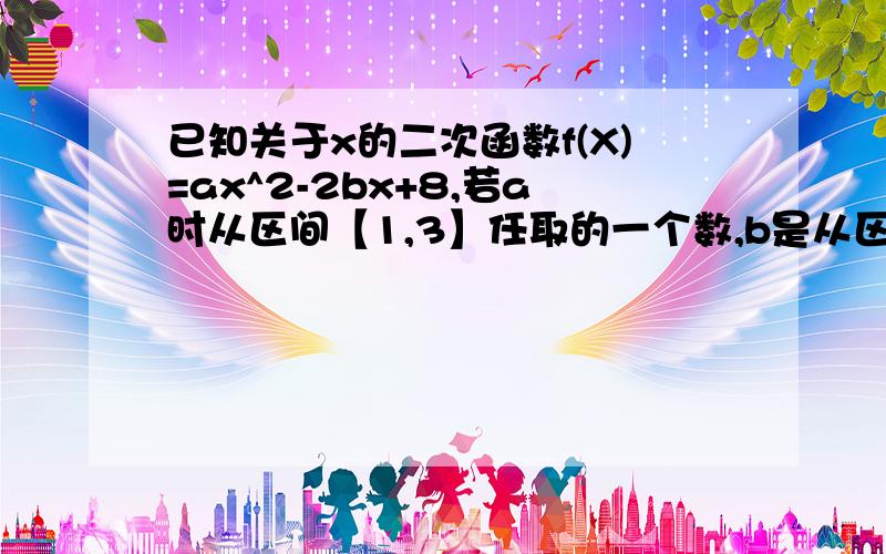 已知关于x的二次函数f(X)=ax^2-2bx+8,若a时从区间【1,3】任取的一个数,b是从区间【2,5】任取的一个数